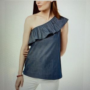 Tommy Hilfiger One Shoulder Chambray Ruffle Top NEW